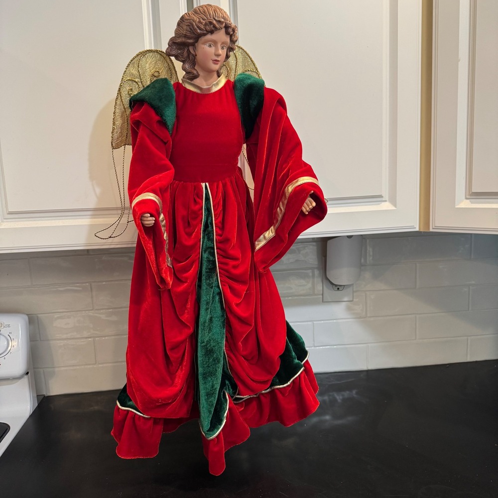 Angel 24" Large Tree Topper Christmas Red Green Velvet Gold Wings Traditional